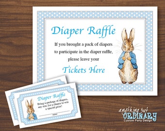 Boys Peter Rabbit Diaper Raffle Tickets and Sign, Printable Baby Shower in Blue and Gray, INSTANT DOWNLOAD, digital file