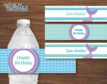 Etiquetas de botellas de agua de cumpleaños de sirena DIY, DESCARGA INSTANTE, archivo imprimible digital