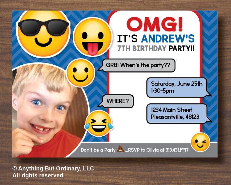 Emoji Photo Invitation, Emoticon Boy's Birthday Invite with Photo, DIY printable digital file image 2