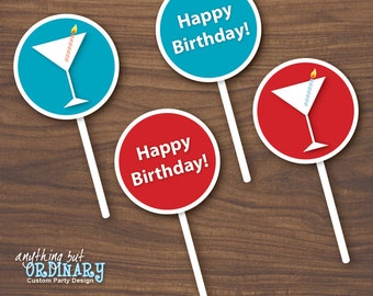 DIY Birthday Party Circles for Cupcake Toppers, Martini Cheers in teal and red, INSTANT DOWNLOAD, digital printable file