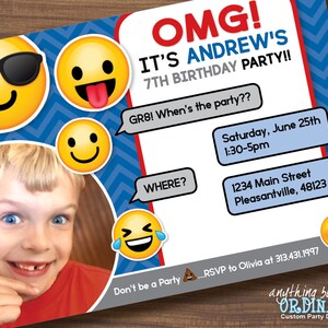 Emoji Photo Invitation, Emoticon Boy's Birthday Invite with Photo, DIY printable digital file image 1