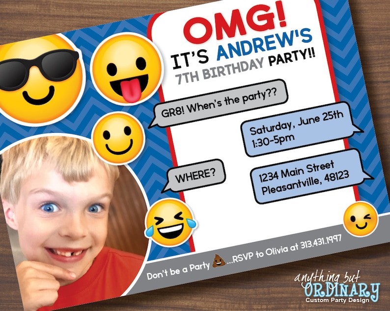 Emoji Photo Invitation, Emoticon Boy's Birthday Invite with Photo, DIY printable digital file image 1