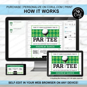 May include: A digital screen displaying a green and white golf-themed birthday invitation with the text "Par Tee" and "Join us for a birthday party in honor of Andrew Baker". The invitation is customizable using a web browser.