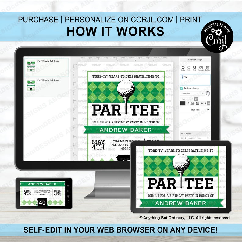 May include: A digital screen displaying a green and white golf-themed birthday invitation with the text "Par Tee" and "Join us for a birthday party in honor of Andrew Baker". The invitation is customizable using a web browser.