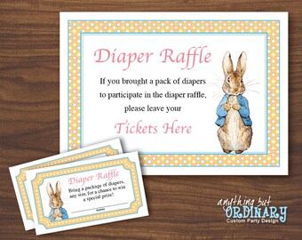 Druckbare Windel Tombola Tickets MIT Schild, Peter Rabbit Baby Shower Spiel in orange, SOFORTIGER DOWNLOAD, digitale Datei
