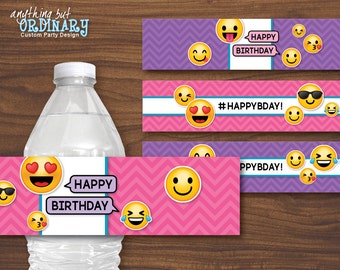 Emoji Water Bottle Labels, Printable Girl's Emoji Birthday Labels, INSTANT DOWNLOAD, digital file