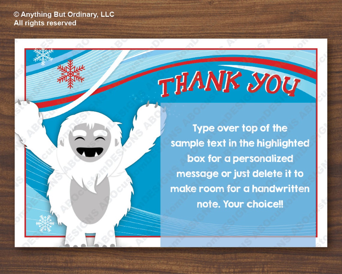 Abominable Snowman Thank You Card / Yeti Birthday Party Thank Etsy
