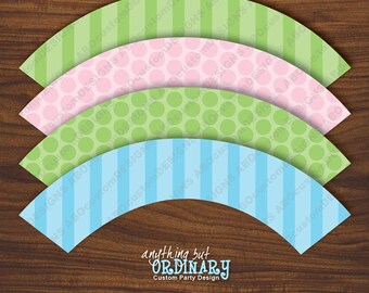 Green, Pink and Blue Polkadot and Striped Cupcake Wrappers, Printable Cupcake Liners, INSTANT DOWNLOAD, digital DIY file