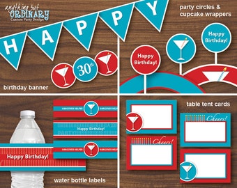 DIY Adult Birthday Party Package, Martini Cheers in teal and red, INSTANT DOWNLOAD, printable digital file