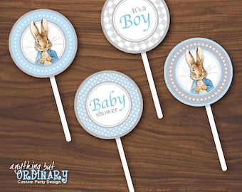 Blaue und graue Peter Rabbit Cupcake Toppers, Jungen Baby Shower Party Kreise, Bevorzugungsetiketten, SOFORTIGER DOWNLOAD, digital druckbare Datei