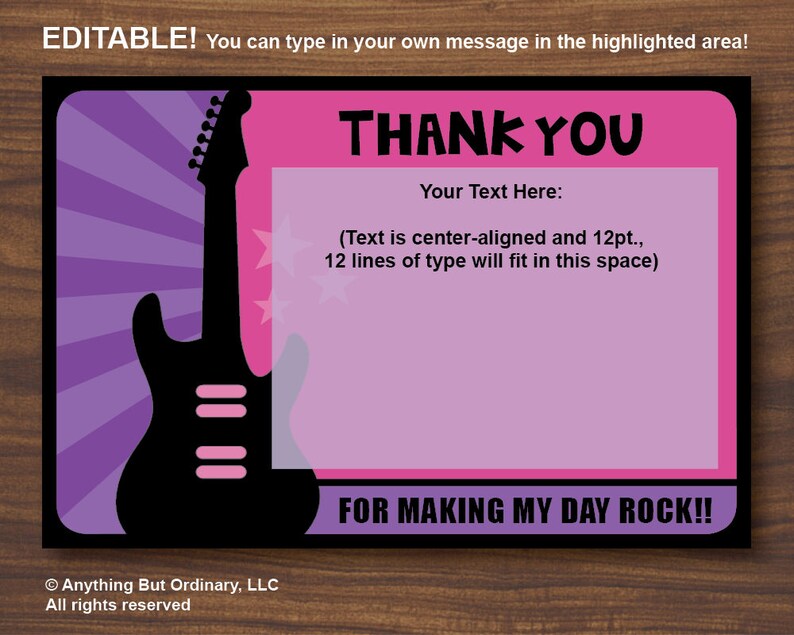 Girl s Rockstar Thank You Card Printable Rockstar Party Etsy