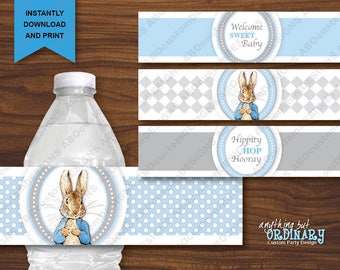 Peter Rabbit blaue und graue Wasserflaschenetiketten, druckbare Flaschenetiketten für Jungen, Babyparty, SOFORTIGER DOWNLOAD, digital druckbare Datei