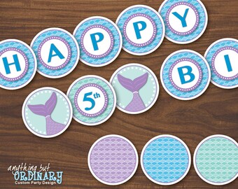 DIY Mermaid Birthday Banner, INSTANT DOWNLOAD printable digital file