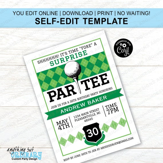 EDITABLE Golf Surprise ParTEE Invitation | Printable Surprise Party Golf Birthday Invite | Golf Party Invite | CORJL Template | digital file