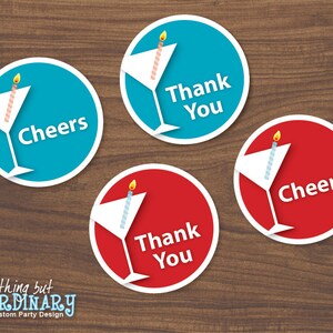 Martini Cheers Favor Tags in teal and red, DIY Thank You Labels, INSTANT DOWNLOAD, digital printable file