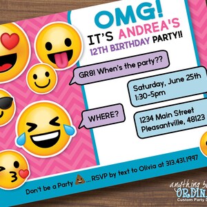 Printable Emoji Birthday Party Invite, Girl's Emoji Invitations ...