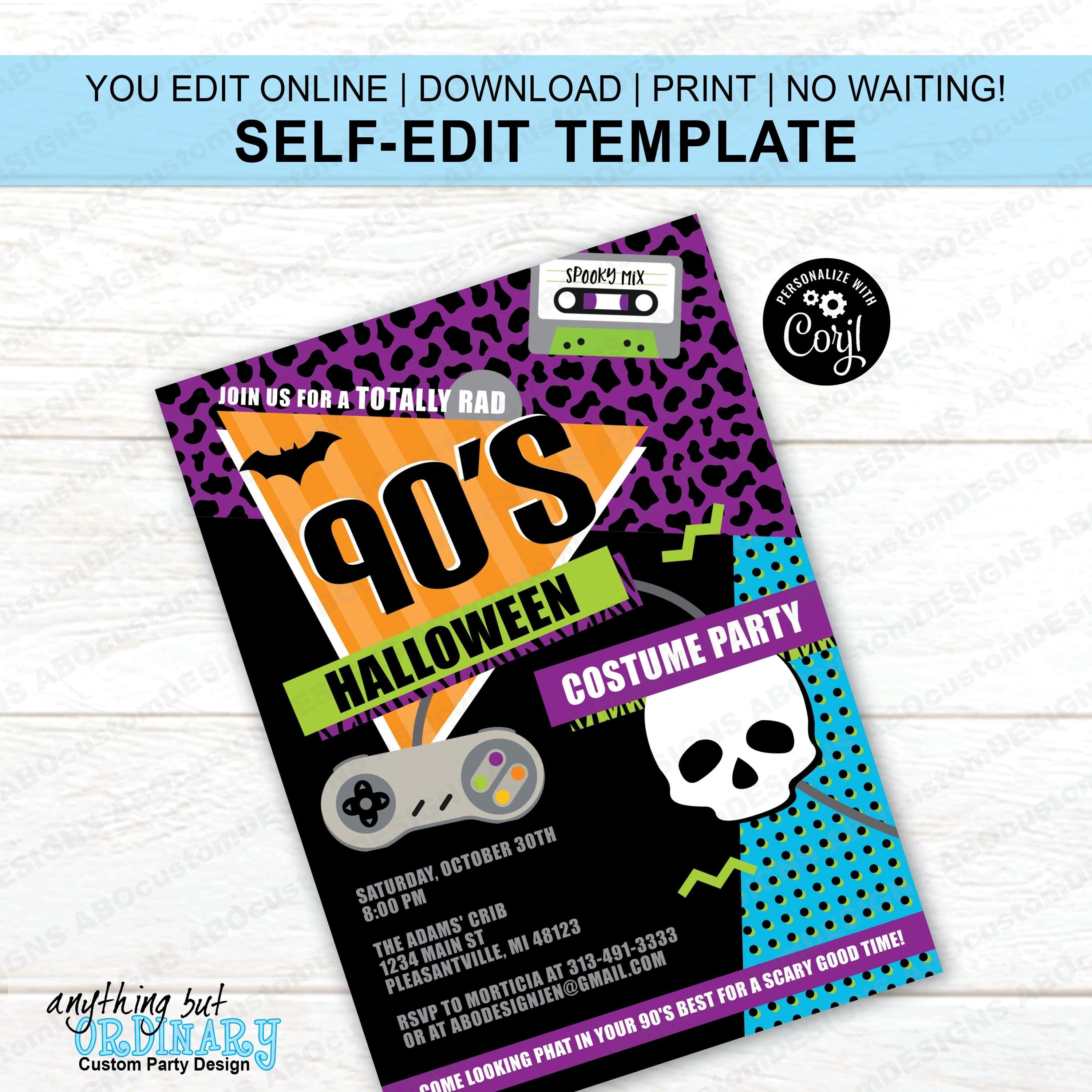 EDITABLE 90's Halloween Invite | Printable 90's Costume Party Invitations  | 1990s Party Invite | CORJL Template | digital file