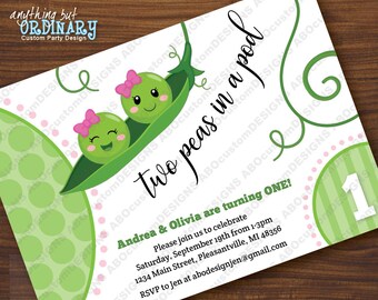 Two Peas in a Pod Girl's Birthday Invitations, Printable Sweet Peas Invites, Twin Girl Birthday Party Invitations, DIY digital file