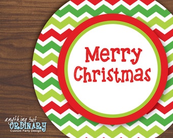 Merry Christmas Tags in Red and Green Chevron, Editable Circle Labels, Mason Jar Labels, INSTANT DOWNLOAD, digital printable file