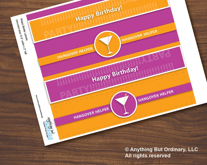 Martini Cheers DIY Birthday Water Bottle Labels, violet and orange, INSTANT DOWNLOAD digital printable file image 2