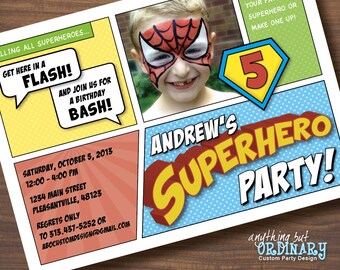 Superhero Birthday Photo Invitation, DIY Comic Book Super Hero Card, printable digital file