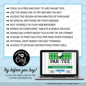 May include: A laptop computer screen displaying a green and white golf-themed party invitation with the text "Par Tee" and "Join us for a birthday party in honor of Andrew Baker". The invitation includes the date "May 4th", the time "7pm", and a link to a demo of the invitation. The laptop screen is surrounded by a white border and the text "Try before you buy! Click the demo link in the listing information" is displayed below the laptop.
