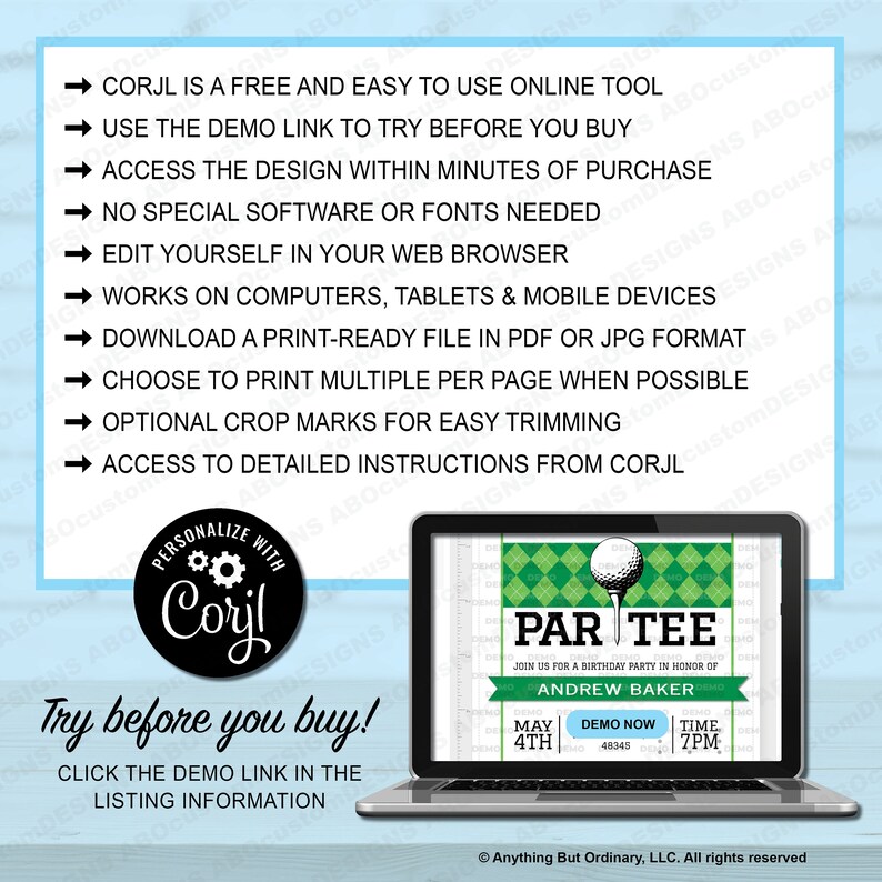 May include: A laptop computer screen displaying a green and white golf-themed party invitation with the text "Par Tee" and "Join us for a birthday party in honor of Andrew Baker". The invitation includes the date "May 4th", the time "7pm", and a link to a demo of the invitation. The laptop screen is surrounded by a white border and the text "Try before you buy! Click the demo link in the listing information" is displayed below the laptop.