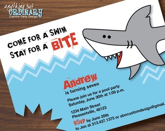 Invitations d'anniversaire de requin, invitations imprimables de requin, invitations de partie de piscine de morsure de requin, partie de requin, fichier numérique de DIY