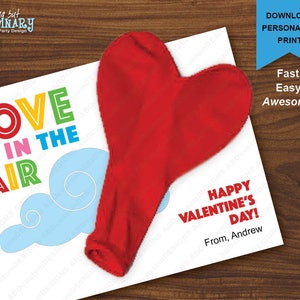 Love is in the Air Valentine Cards, Printable Balloon Holder Valentiness, INSTANT DOWNLOAD digital file
