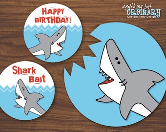 Shark Bite Wall Signs, Rectangle and Round Birthday Signs, Cake Toppers, INSTANT DOWNLOAD, digital printable file