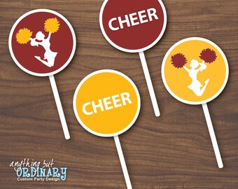 Cheerleading Cupcake Toppers, DIY Cheer Lables in maroon and gold, INSTANT DOWNLOAD, digital printable file