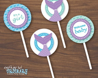 Mermaid Baby Shower Cupcake Toppers, Mermaid Party Circles, Favor Labels, INSTANT DOWNLOAD, digital printable file