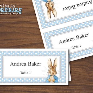 Printable Peter Rabbit Place Cards, Gray and Blue Editable Name Cards, INSTANT DOWNLOAD, digital file