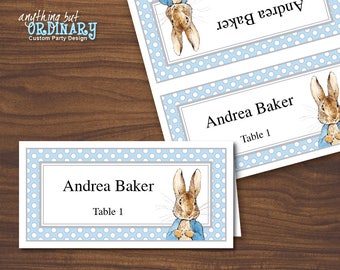 Printable Peter Rabbit Place Cards, Gray and Blue Editable Name Cards, INSTANT DOWNLOAD, digital file