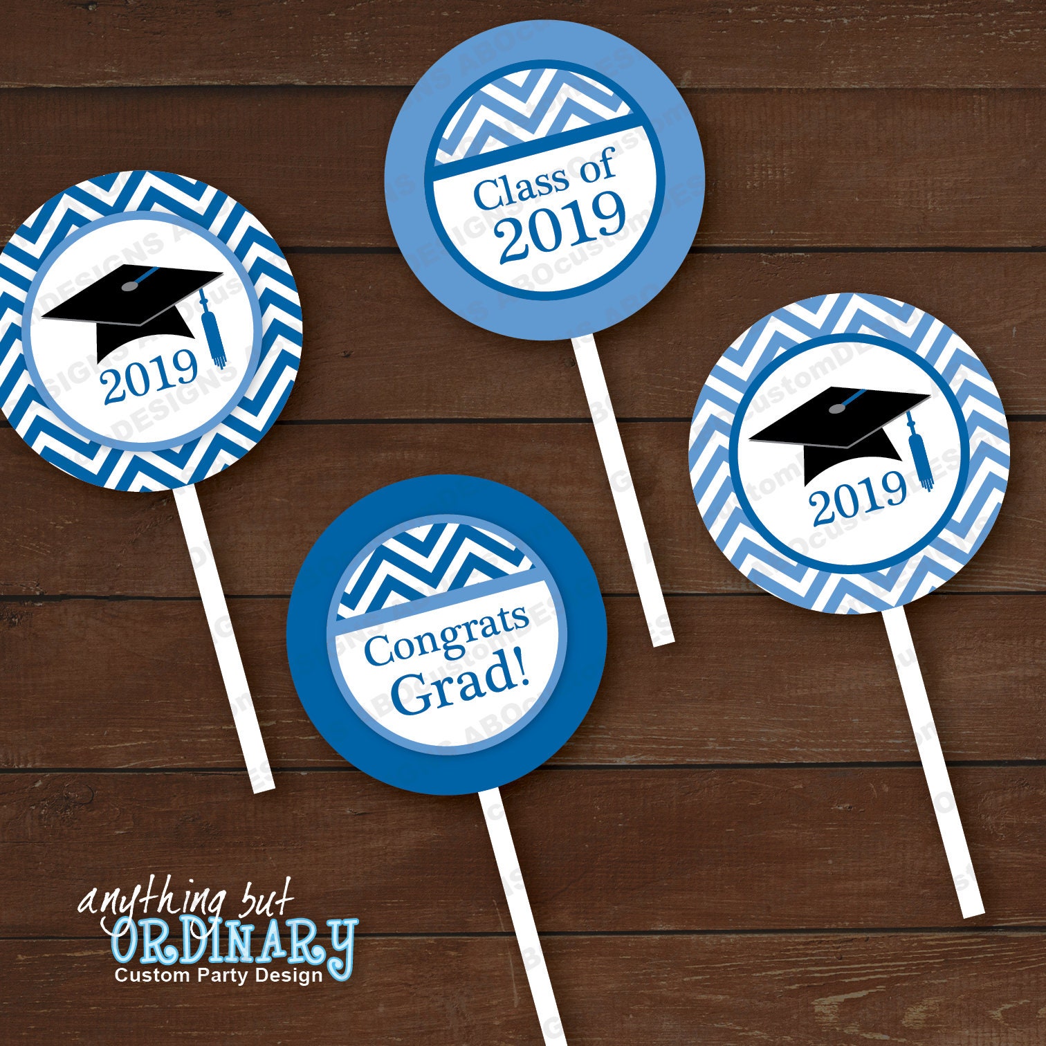 Printable Graduation Cupcake Toppers 2019 Blue and White Etsy