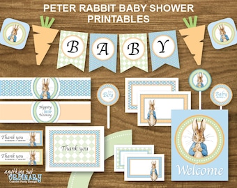 Peter Rabbit Baby Shower, Printable Peter Rabbit Party Decorations with blue background, INSTANT DOWNLOAD, digital file