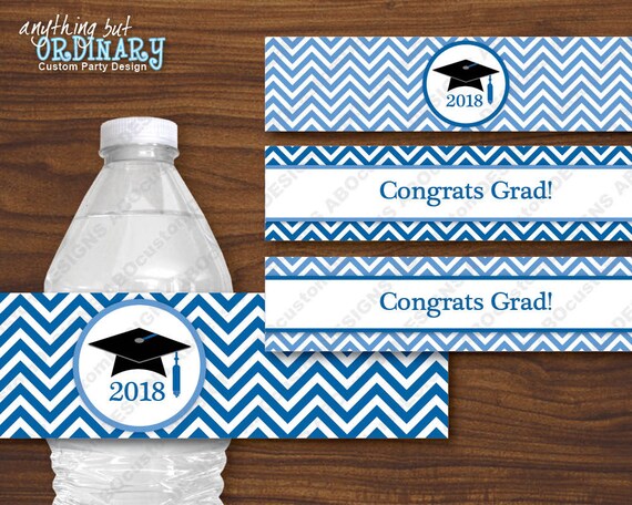 printable 2018 graduation water bottle labels blue chevron