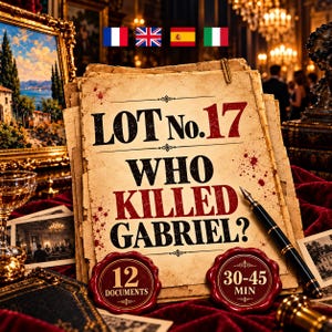 Könnte beinhalten: Ein Stapel gealterter, cremefarbener Papierdokumente mit dem Text LOT No. 17 WHO KILLED GABRIEL? in Schwarz und Rot. Das Papier weist rote Tintenspritzer, eine Büroklammer, einen Füllfederhalter und zwei rote Wachssiegel mit der Aufschrift 12 DOCUMENTS und 30-45 MIN auf.