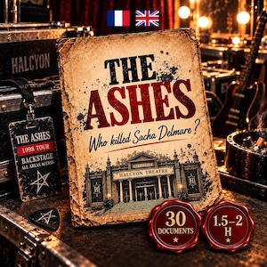 以下が含まれることがあります： The Ashes Who killed Sacha Delmare?と題された長方形のゲームボックス。ハルシオン劇場のヴィンテージ風イラストが描かれています。バックステージパス、ギターピック、30 Documentsおよび1.5-2 Hと記された2つの赤いワックスシール風の装飾が含まれています。
