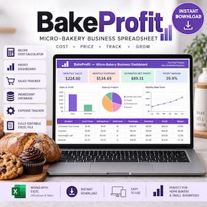 Può includere: Un computer portatile che mostra la dashboard del foglio di calcolo BakeProfit per micro-panifici con grafici, tabelle e dati finanziari. Lo schermo mostra vendite mensili, spese, utile netto e margini di profitto.