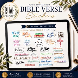Puede incluir: Una pantalla de tableta digital que muestra 30 pegatinas individuales de versículos bíblicos con varias tipografías coloridas y frases religiosas como Be Still and Know, Walk by Faith y Refuge and Strength, presentadas como una colección.