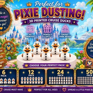 May include: Five white 3D printed snowman-shaped ducks with orange carrot noses and black buttons on a white circular platform. The background features a castle, a cruise ship, and text including Perfect for PIXIE DUSTING and 3D PRINTED CRUISE DUCKS.
