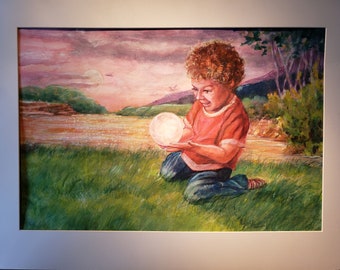 Sample Custom Watercolor Portrait Painting: Holding the moon. Beautiful gift for family and loved ones