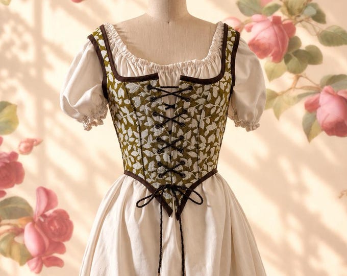 Handmade Renaissance Dress & Steel Boned Corset Set | Boned Bodice Lace-Up Front | Midieval Overbust