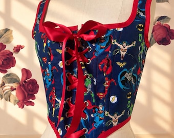 Handmade Superhero Comic Corset Bodice | Lace-Up Bodice with Plastic or Steel Boning