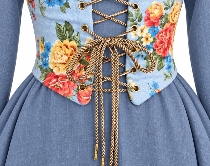 Handmade Blue Floral Steel-Boned Corset Belt | Lace-Up Waist Cincher