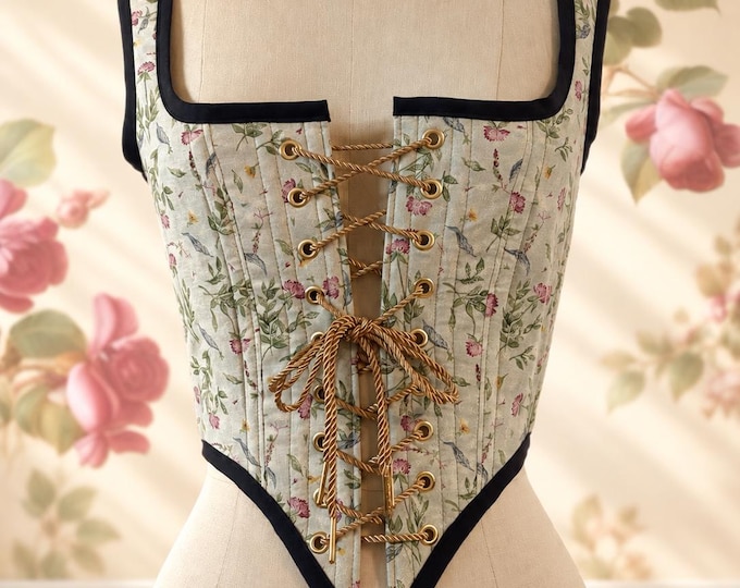 Handmade Floral Blue Steel-Boned Corset Bodice | Lace-Up Waist Cincher