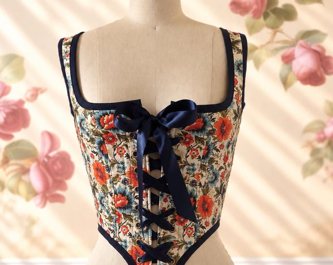 Handmade Floral Blue Steel-Boned Corset Bodice | Lace-Up Waist Cincher