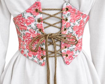 Handmade Pink Floral Steel-Boned Corset Belt | Lace-Up Waist Cincher