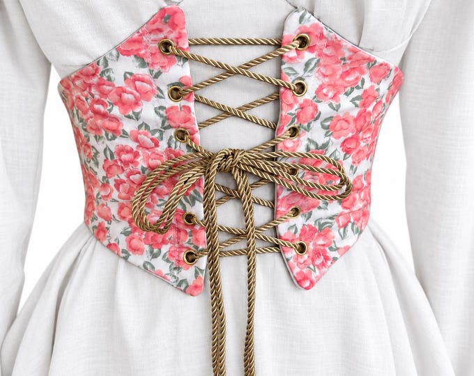 Handmade Pink Floral Steel-Boned Corset Belt | Lace-Up Waist Cincher